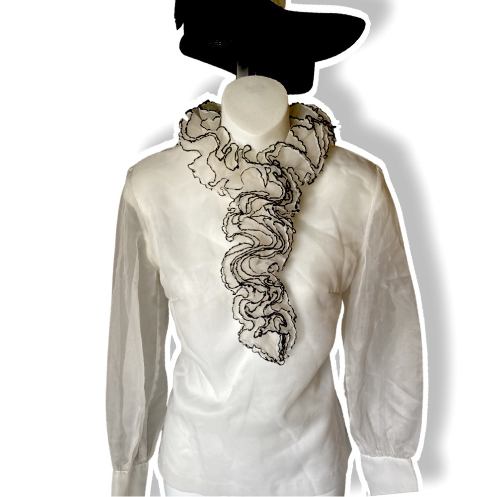 Vintage SUNNY SOUTH DALLAS sheer black trim ruffled blouse